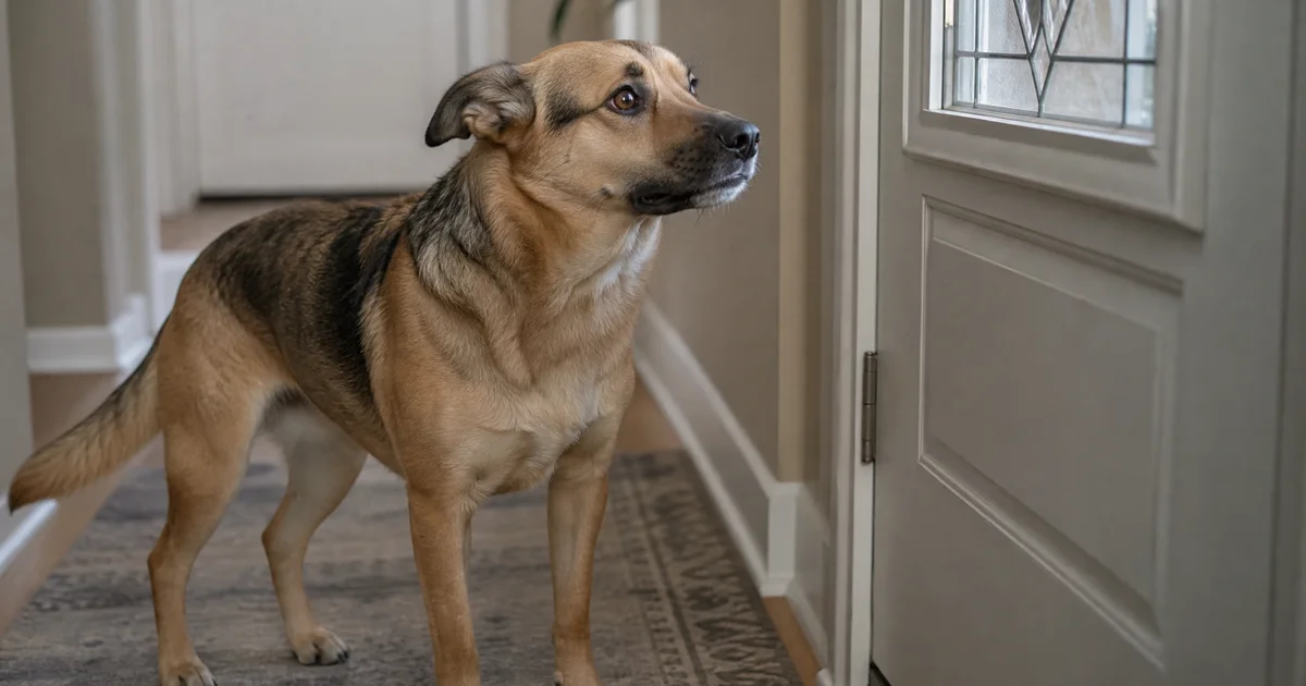 Perro mirando atento hacia la puerta de entrada de una casa, esperando