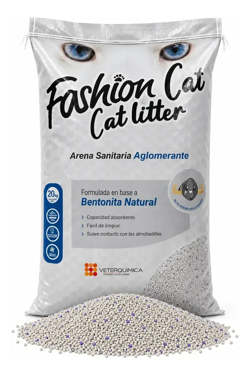 Bolsa de arena sanitaria aglomerante Fashion Cat, 20 kg, formulada en base a bentonita natural