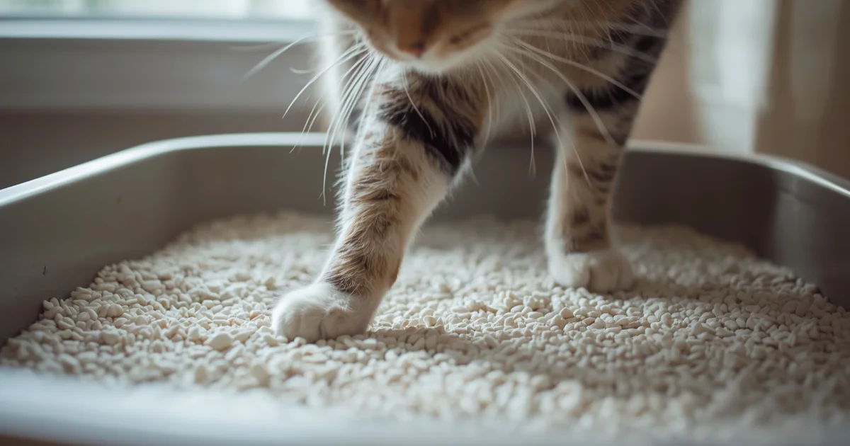 Gato pisando arena aglomerante fina y limpia dentro de un arenero, de cerca