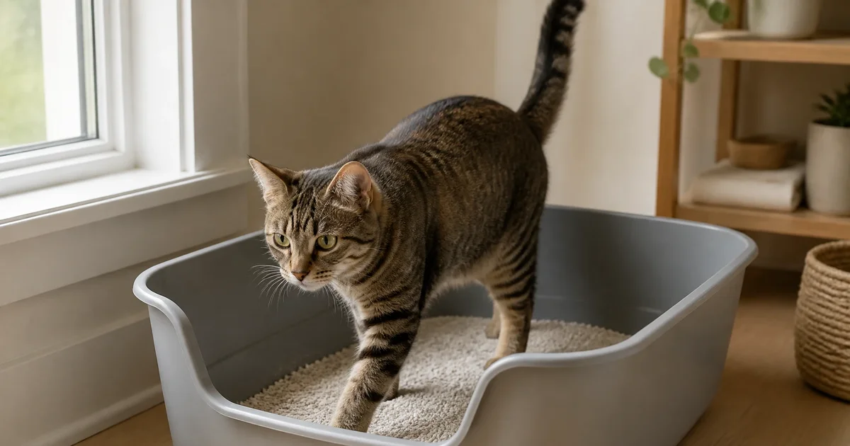 Gato entrando a un arenero abierto y espacioso junto a una ventana
