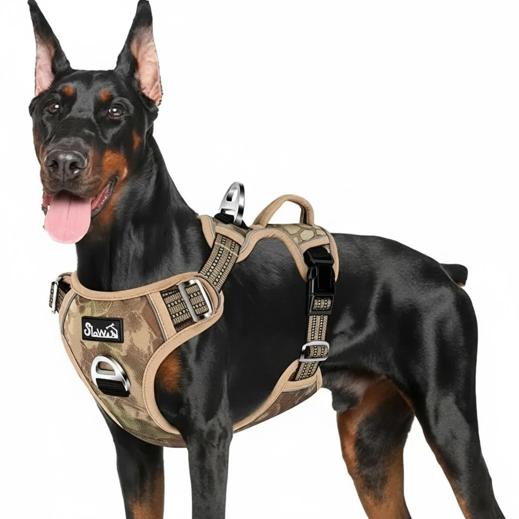Doberman usando el arnés de pecho doble clip en tono camuflaje