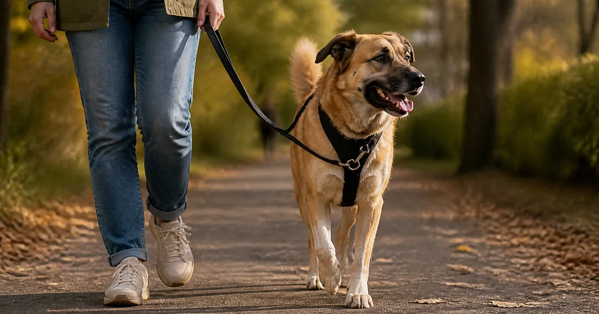 Perro caminando con un arnés de pecho bien ajustado junto a su tutor, en un sendero al aire libre