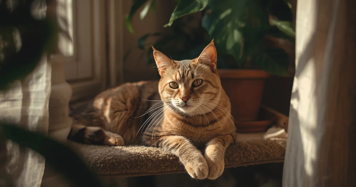 Gato descansando en un estante elevado junto a una ventana, en un espacio propio y tranquilo