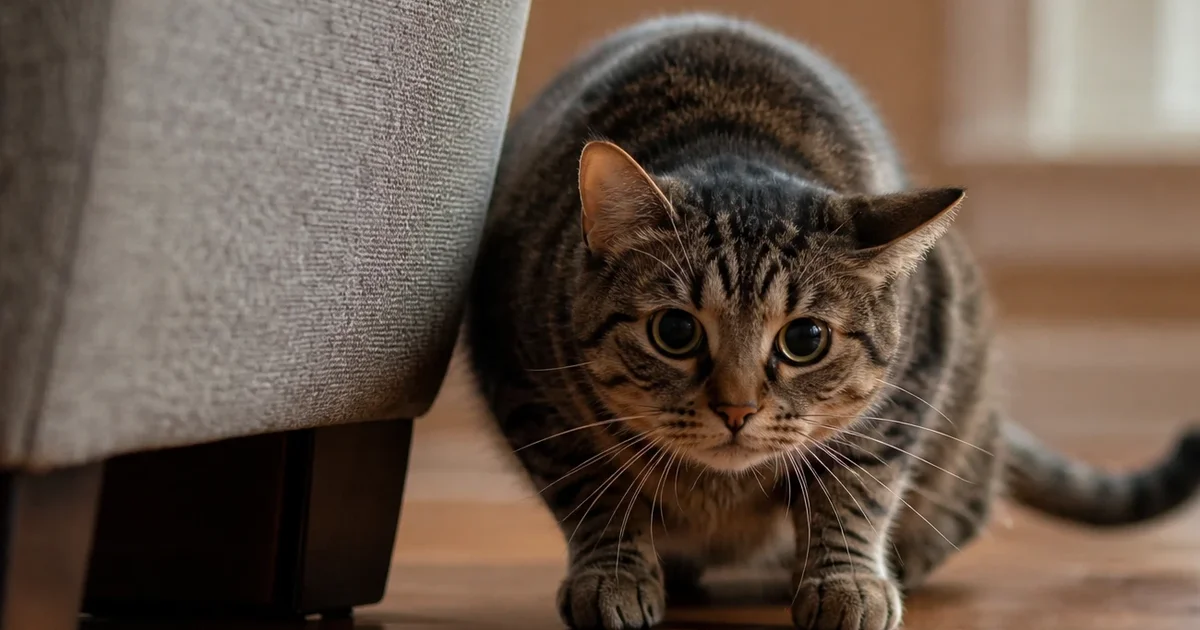 Gato agazapado y alerta junto a un sillón, con las pupilas dilatadas, en el piso de madera de una casa