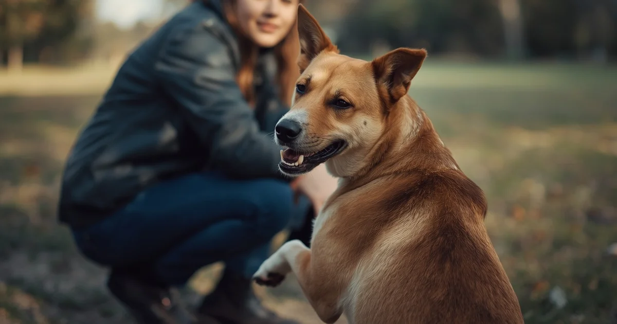 Mujer arrodillada junto a un perro que le ofrece la pata delantera en un parque