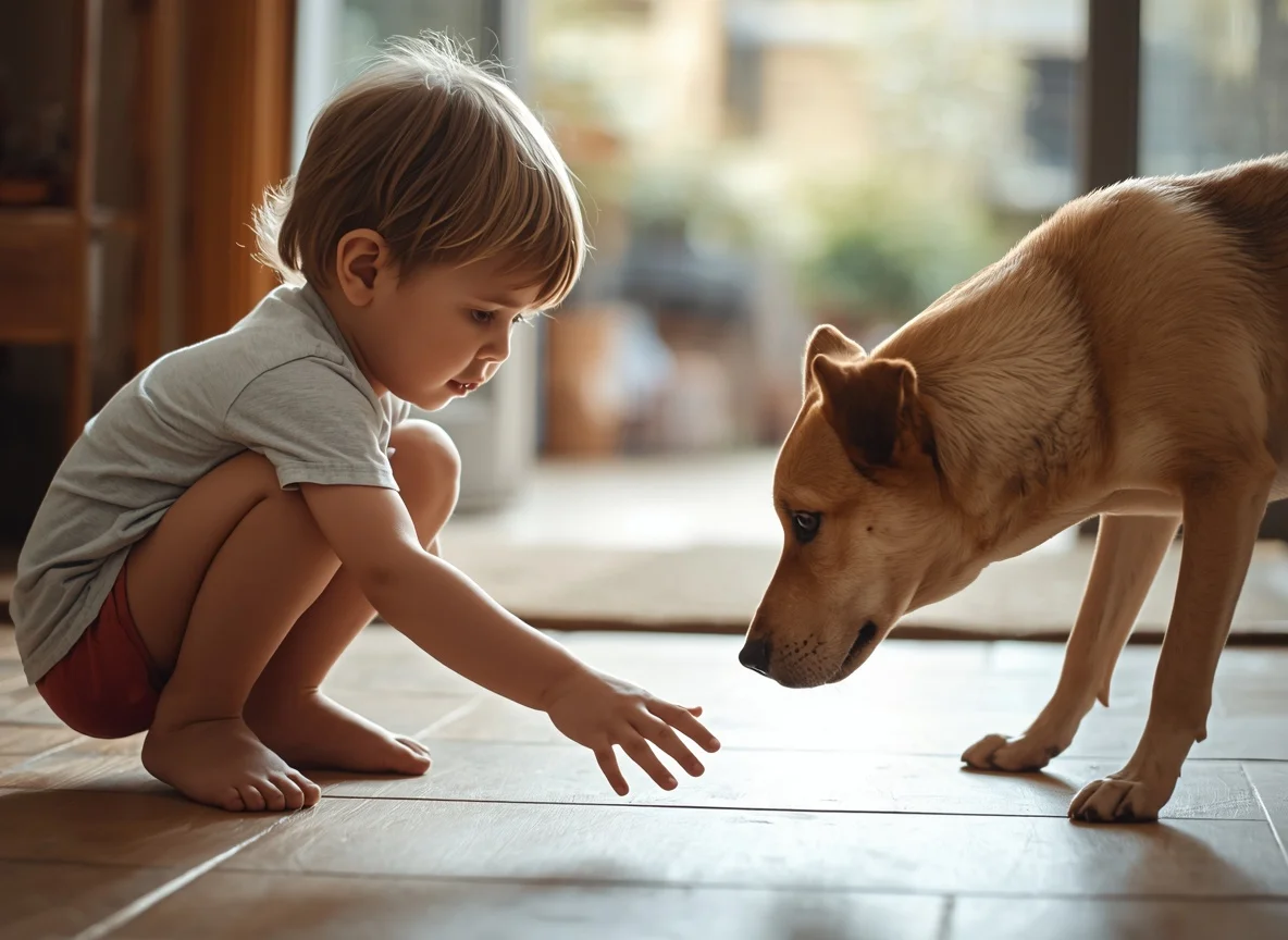 Niño agachado extendiendo la mano hacia un perro que huele con cautela