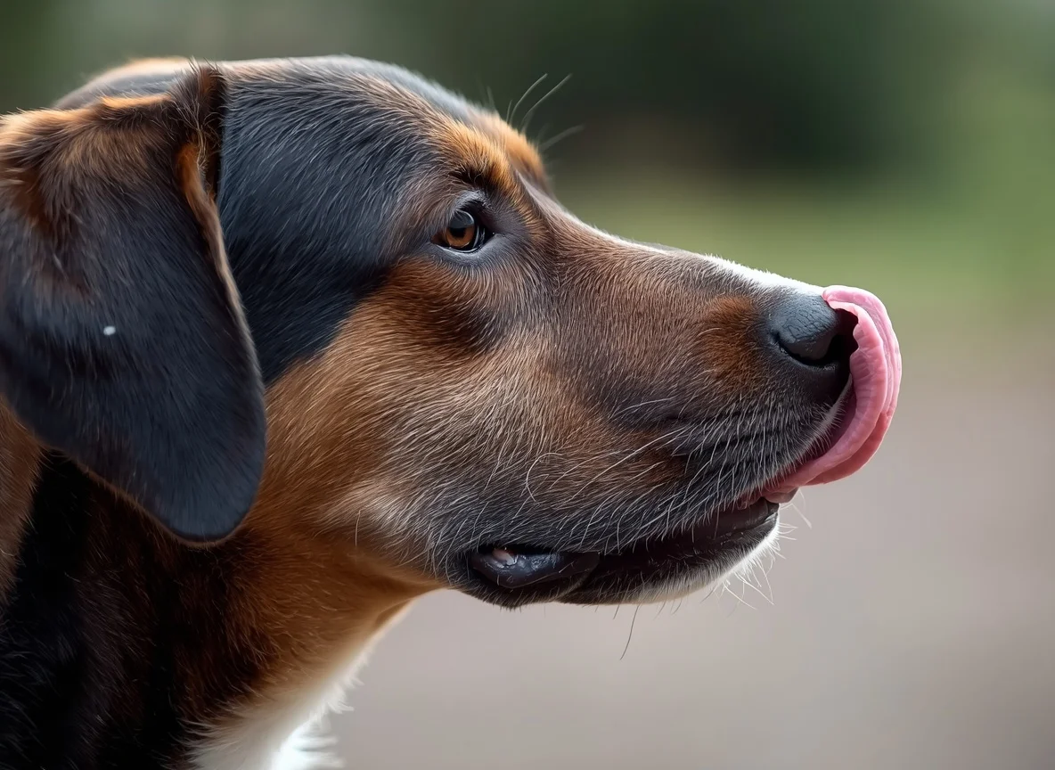 Primer plano de un perro lamiéndose el hocico como señal de calma
