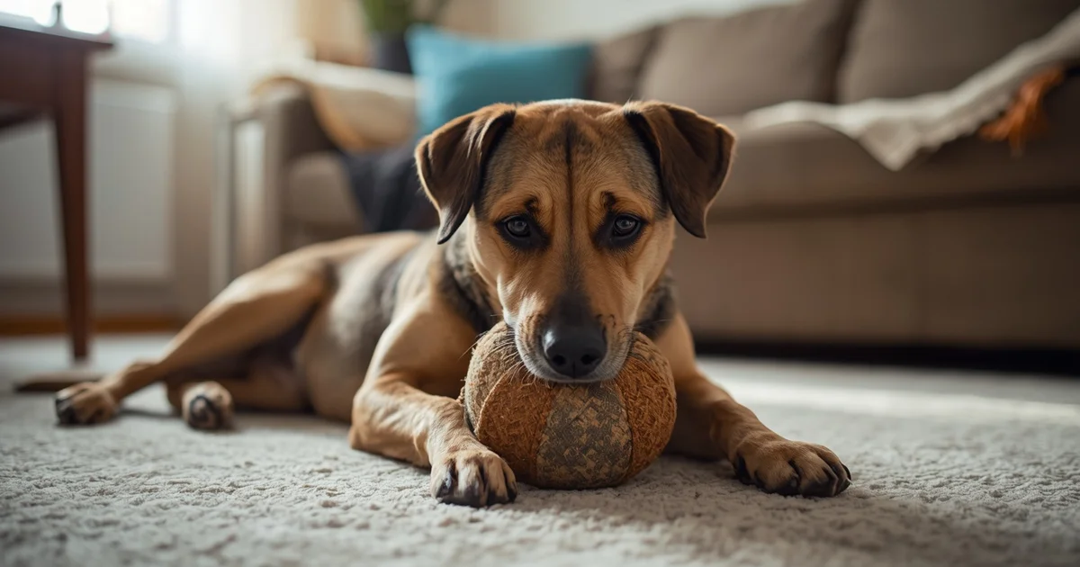 Perro recostado en la alfombra de un living, mordisqueando enfocado un juguete relleno de comida