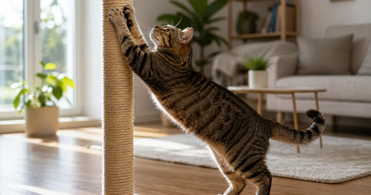 Gato estirado por completo rascando un poste de sisal alto en un living