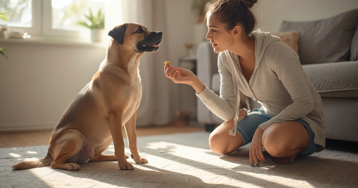 Mujer arrodillada en el living entregando un premio a su perro durante una sesión de entrenamiento